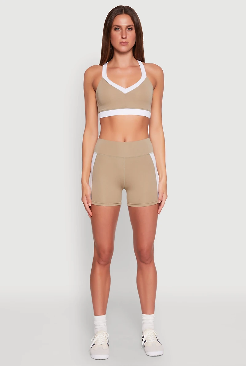 Womens Contrast Trim Cross Back Sports Bra, Beige, Size XL