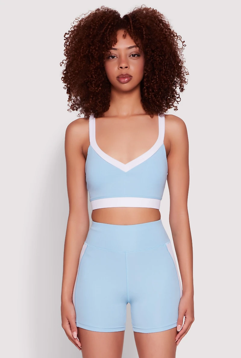 Womens Contrast Trim Cross Back Sports Bra, Blue, Size XL