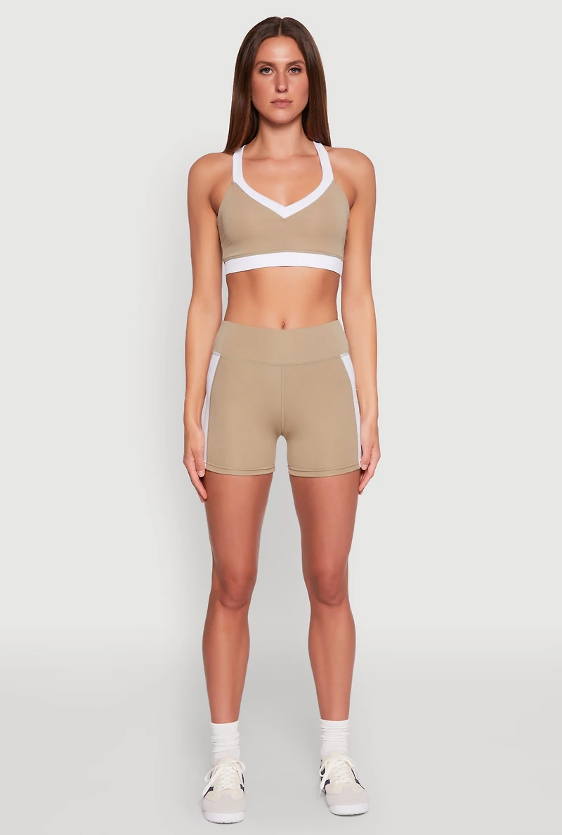 Womens Contrast Side Stripe Biker Shorts, Khaki, Size L