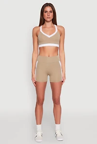 Womens Contrast Side Stripe Biker Shorts, Khaki, Size L