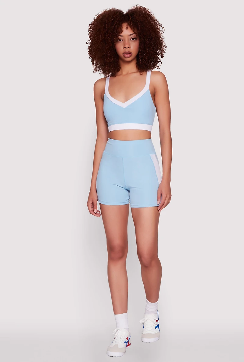 Womens Contrast Side Stripe Biker Shorts, Blue, Size L