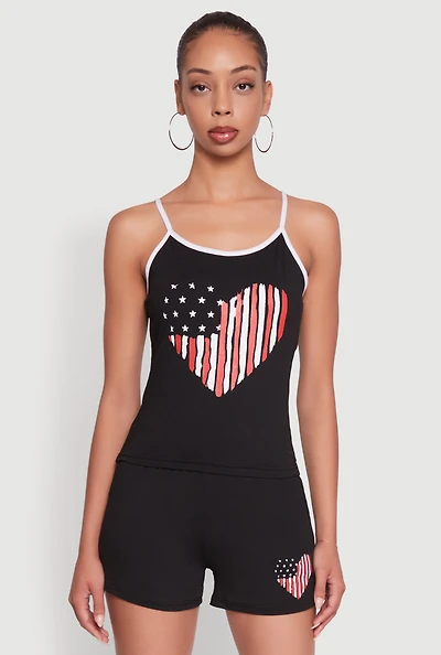 Womens American Flag Heart Graphic Cami, Black, Size XL