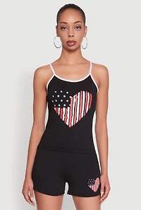 Womens American Flag Heart Graphic Cami, Black, Size XL