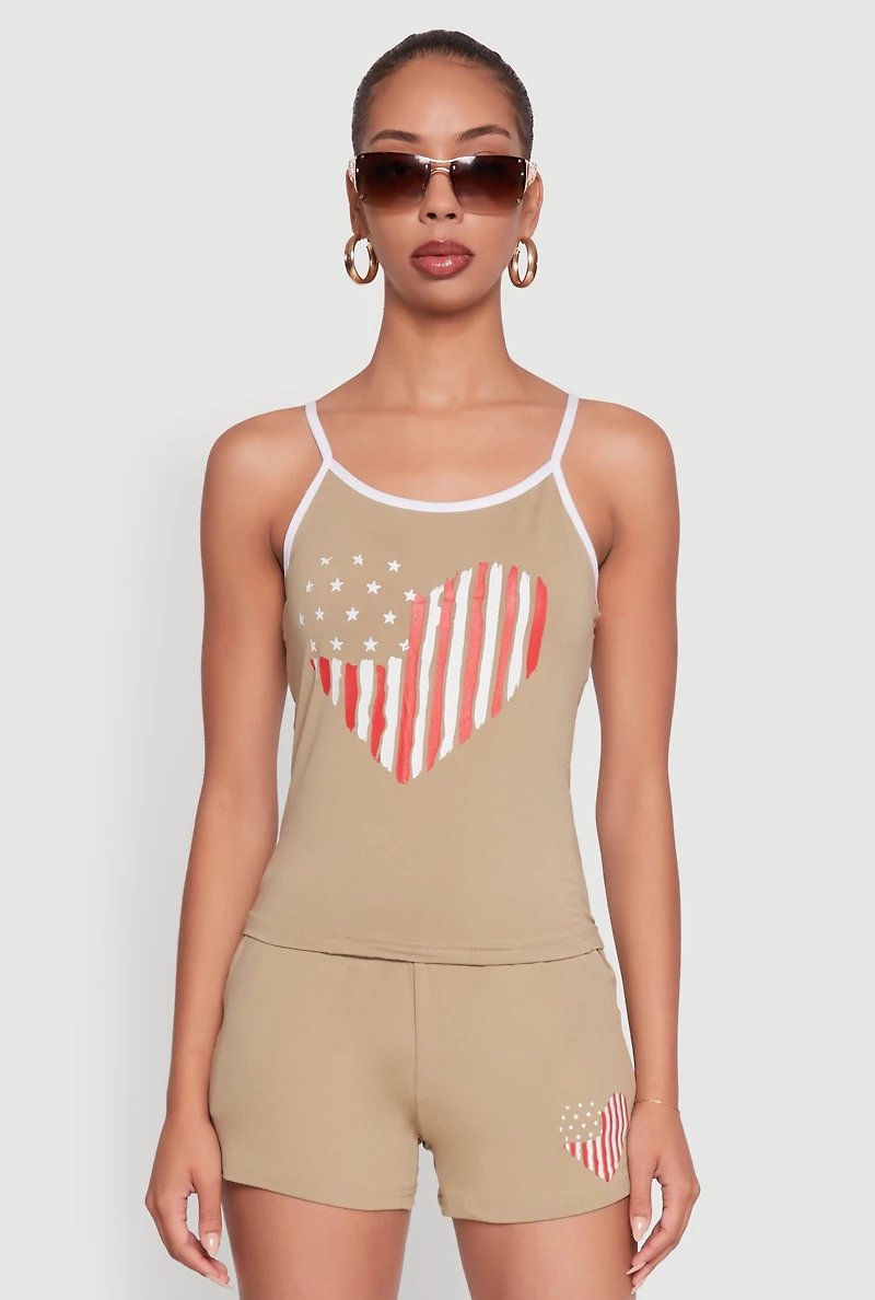 Womens American Flag Heart Graphic Cami, Beige, Size XL