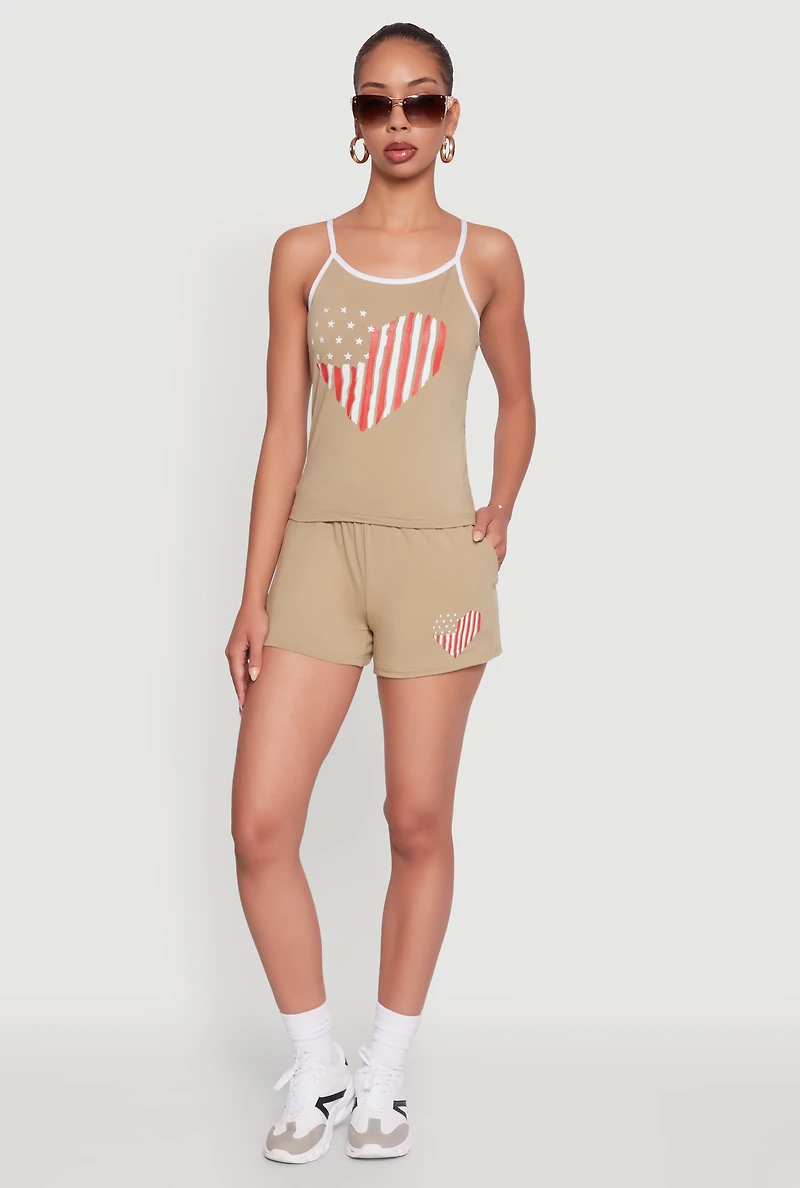 Womens High Waisted American Flag Heart Graphic Shorts, Khaki, Size L