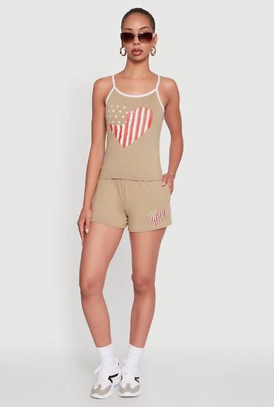Womens High Waisted American Flag Heart Graphic Shorts, Khaki, Size L