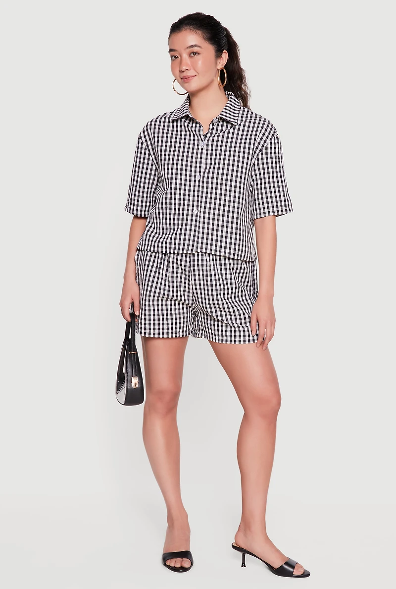 Gingham Button Front Short Sleeve Shirt