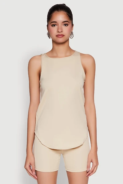 Womens Stylish Mesh Detail High Neck Sleeveless Tank Top, Beige, Size M