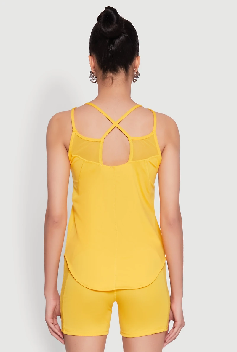 Womens Stylish Mesh Detail High Neck Sleeveless Tank Top, Yellow, Size S