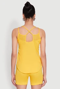 Womens Stylish Mesh Detail High Neck Sleeveless Tank Top, Yellow, Size S