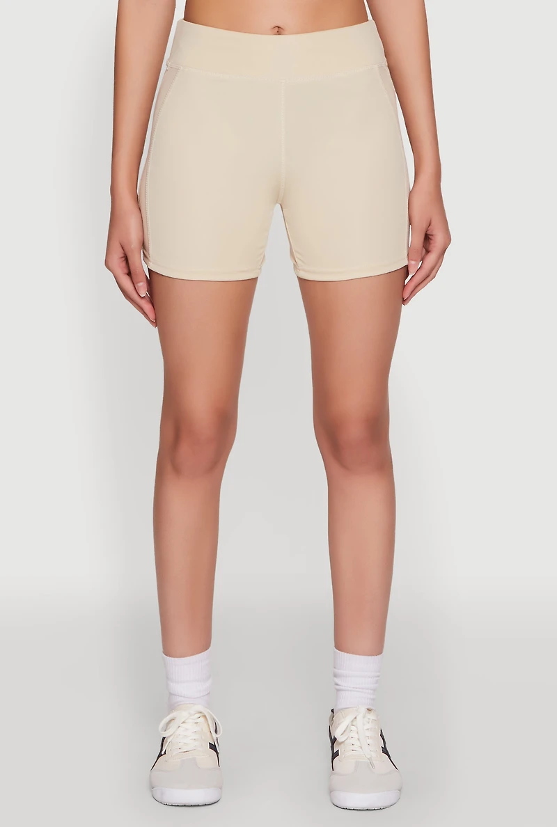 Womens Stylish Mesh Detail High Waisted Bike Shorts, Khaki, Size S