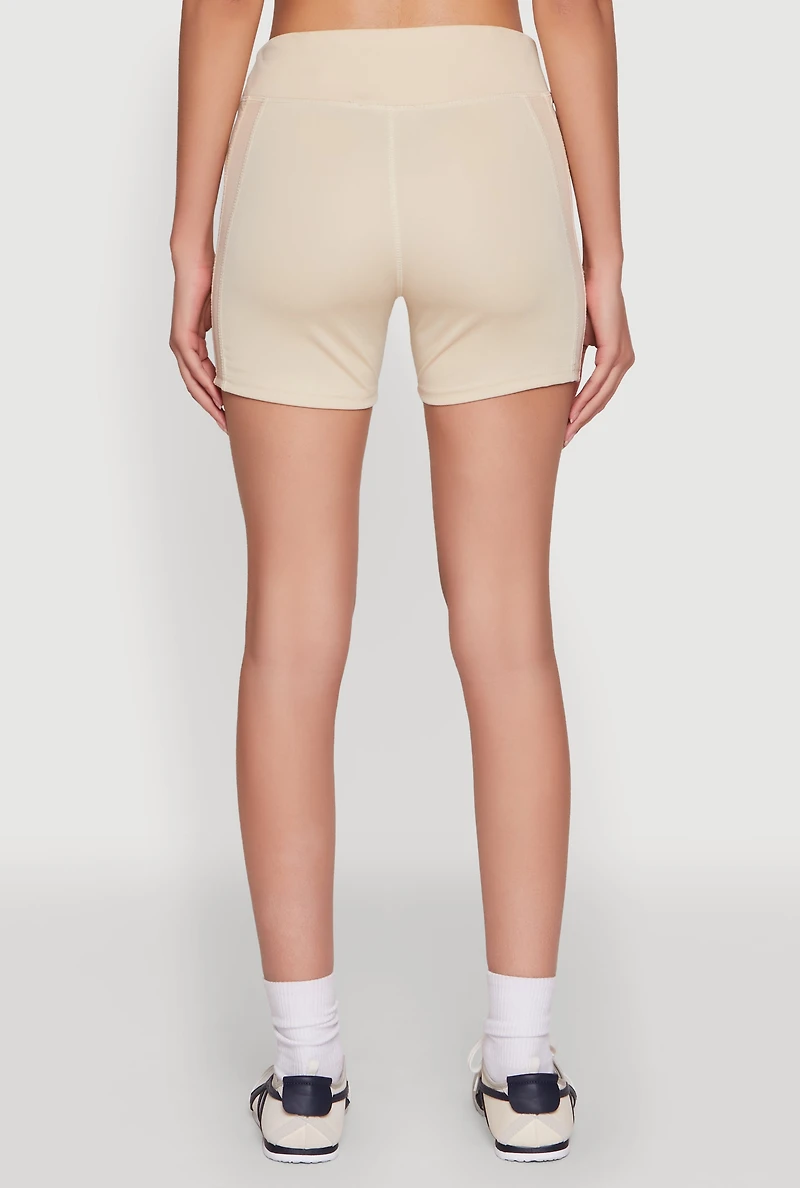 Womens Stylish Mesh Detail High Waisted Bike Shorts, Khaki, Size S