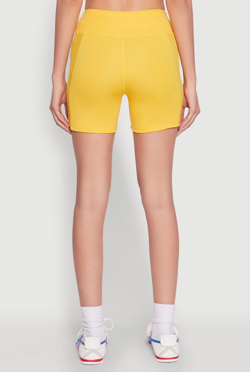 Womens Stylish Mesh Detail High Waisted Bike Shorts, Yellow,