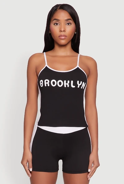 Womens Contrast Trim Brooklyn Graphic Cami, Black, Size S