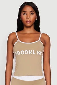 Womens Contrast Trim Brooklyn Graphic Cami, Beige, Size L