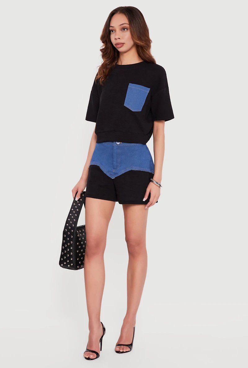 Chambray Detail Textured Knit Shorts