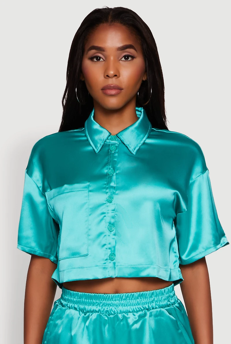 Womens Elegant Cropped Satin Button Front Shirt, S