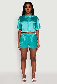 Womens Elegant Cropped Satin Button Front Shirt, S