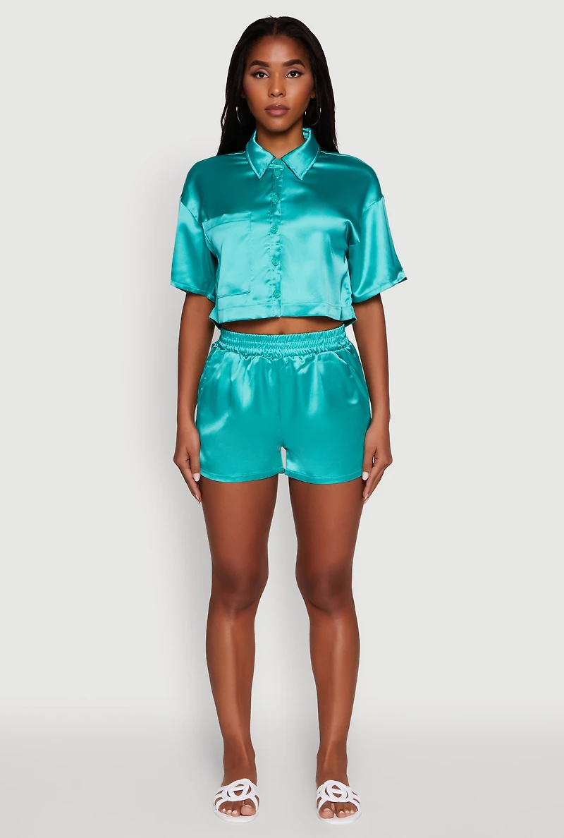 Womens Elegant Cropped Satin Button Front Shirt, Blue, Size S