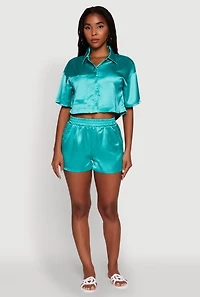 Womens Elegant Cropped Satin Button Front Shirt, Blue, Size S