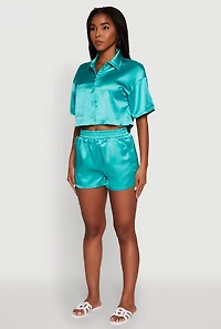 Womens Elegant Cropped Satin Button Front Shirt,