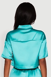 Womens Elegant Cropped Satin Button Front Shirt, S