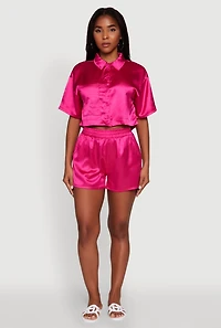 Womens Elegant Cropped Satin Button Front Shirt, Pink, Size M