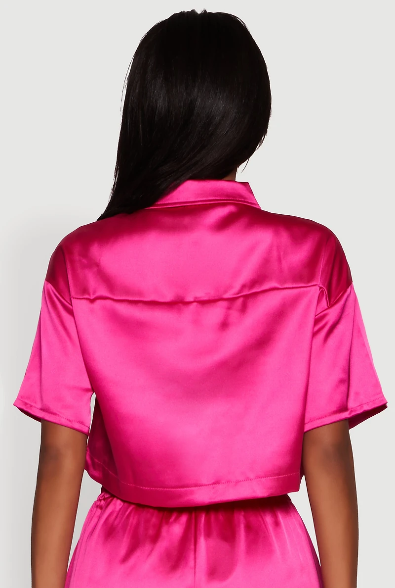 Womens Elegant Cropped Satin Button Front Shirt, Pink, Size M