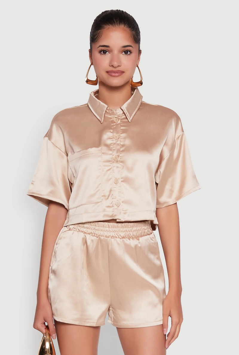 Womens Elegant Cropped Satin Button Front Shirt, Gold, Size L