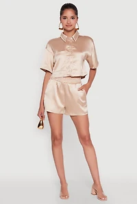 Womens Elegant Cropped Satin Button Front Shirt, Gold, Size L