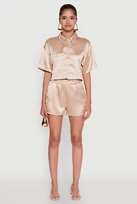 Womens Elegant Cropped Satin Button Front Shirt, Gold, Size L