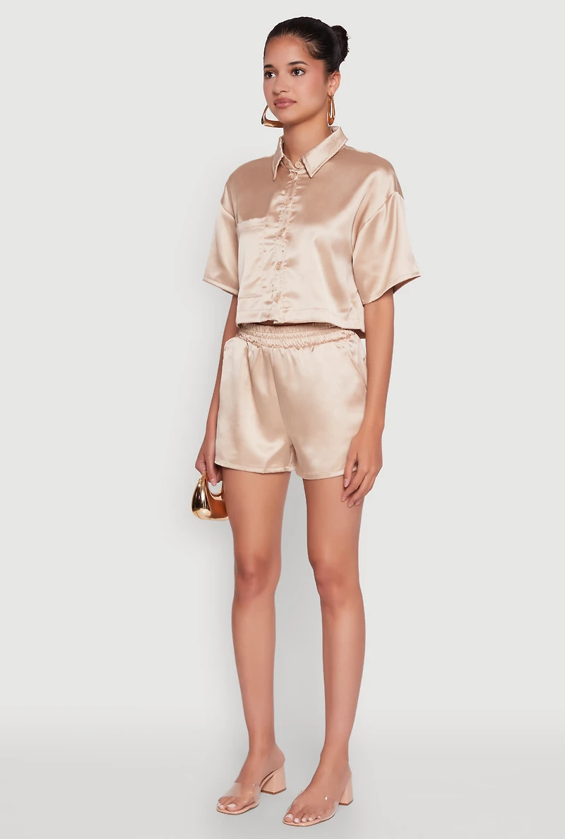 Womens Elegant Cropped Satin Button Front Shirt, Gold, Size L