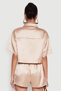 Womens Elegant Cropped Satin Button Front Shirt, Gold, Size L