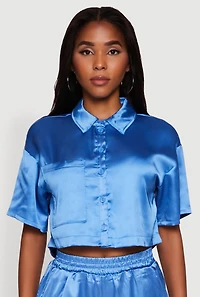 Womens Elegant Cropped Satin Button Front Shirt, Blue, Size M