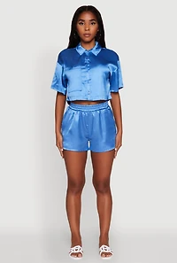 Womens Elegant Cropped Satin Button Front Shirt, Blue, Size M