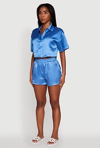 Womens Elegant Cropped Satin Button Front Shirt, Blue, Size M