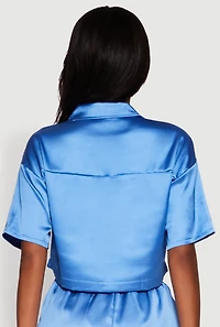 Womens Elegant Cropped Satin Button Front Shirt, Blue, Size M