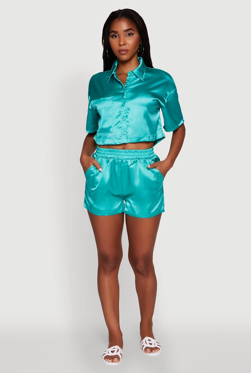 Womens Chic Satin High Waisted Shorts,