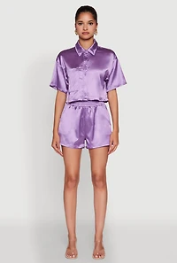 Womens Chic Satin High Waisted Shorts, Purple, Size M