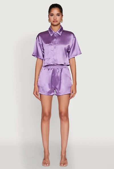 Womens Chic Satin High Waisted Shorts, Purple, Size M