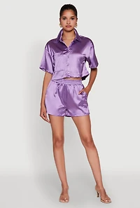 Womens Chic Satin High Waisted Shorts, Purple, Size S