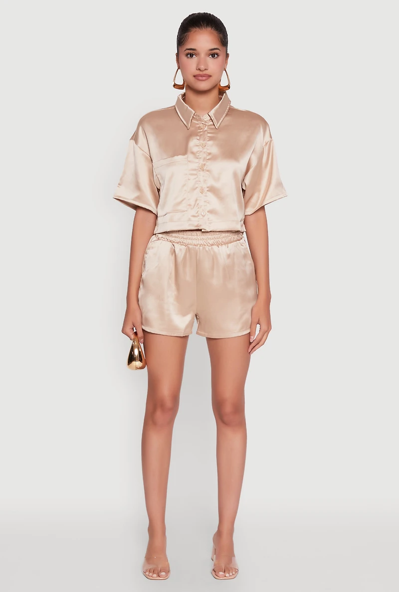 Womens Chic Satin High Waisted Shorts, Gold,