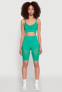 Womens Seamless Laser Cut Cami Crop Top, Green, Size S-M