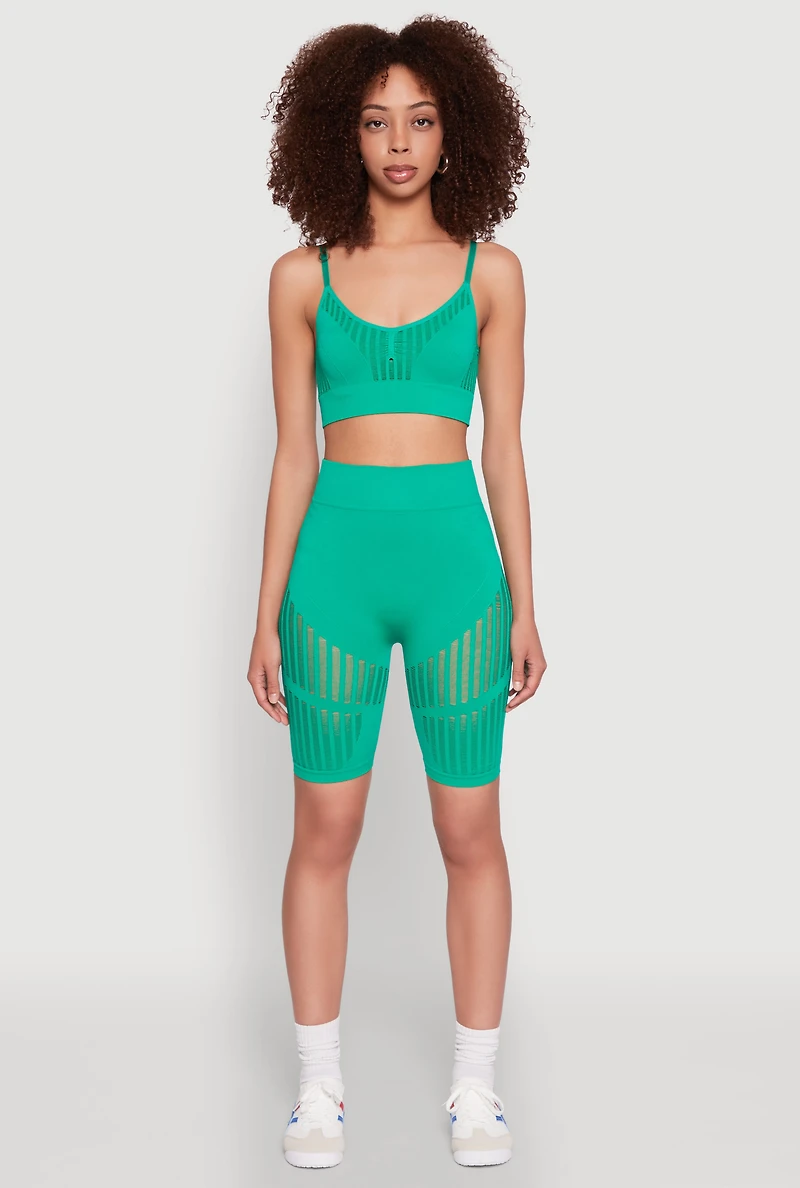 Womens Seamless Laser Cut Cami Crop Top, Green, Size M-L