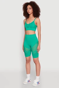 Womens Seamless Laser Cut Cami Crop Top, Green, Size S-M