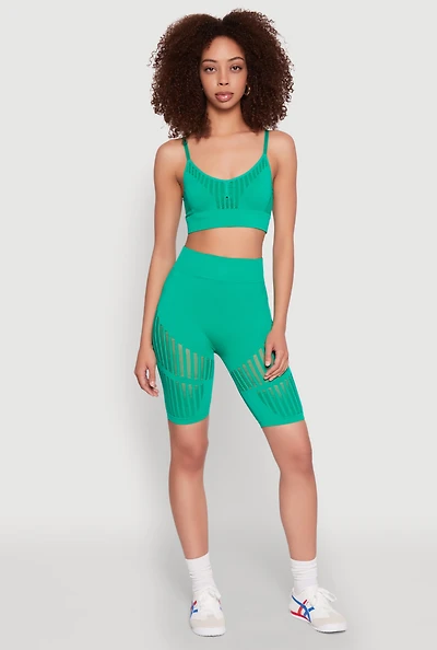 Womens Seamless Laser Cut Biker Shorts, Green, Size S-M