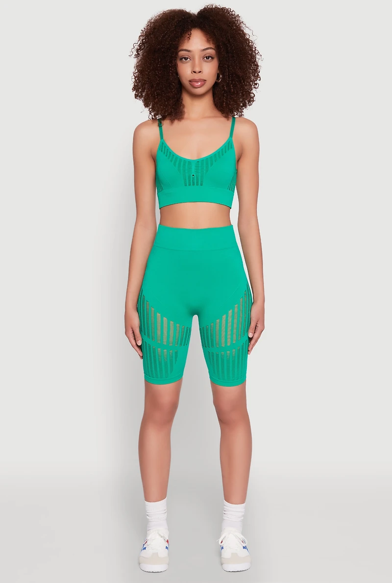 Womens Seamless Laser Cut Biker Shorts, Green, Size S-M