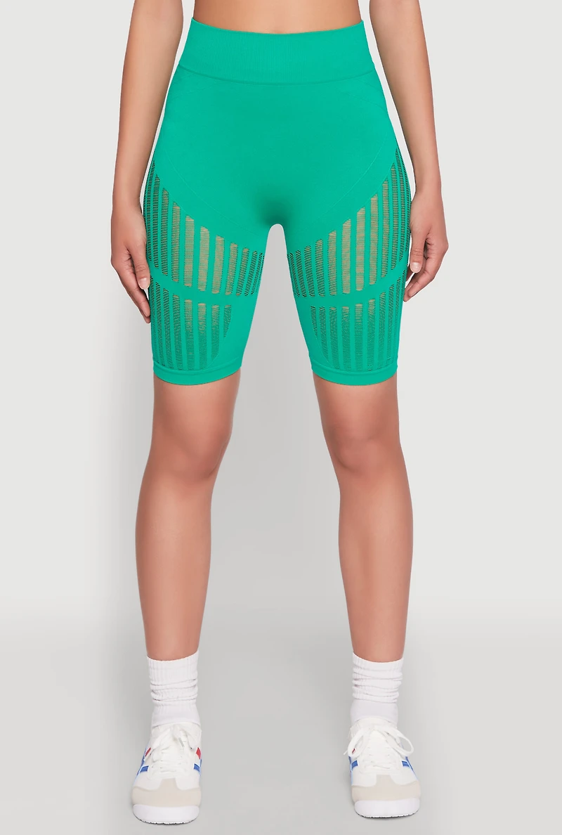 Womens Seamless Laser Cut Biker Shorts, Green, Size S-M