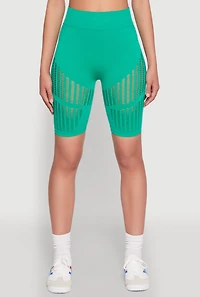 Womens Seamless Laser Cut Biker Shorts, Green, Size S-M