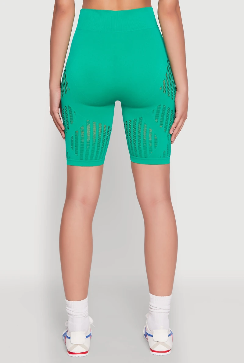 Womens Seamless Laser Cut Biker Shorts, Green, Size S-M